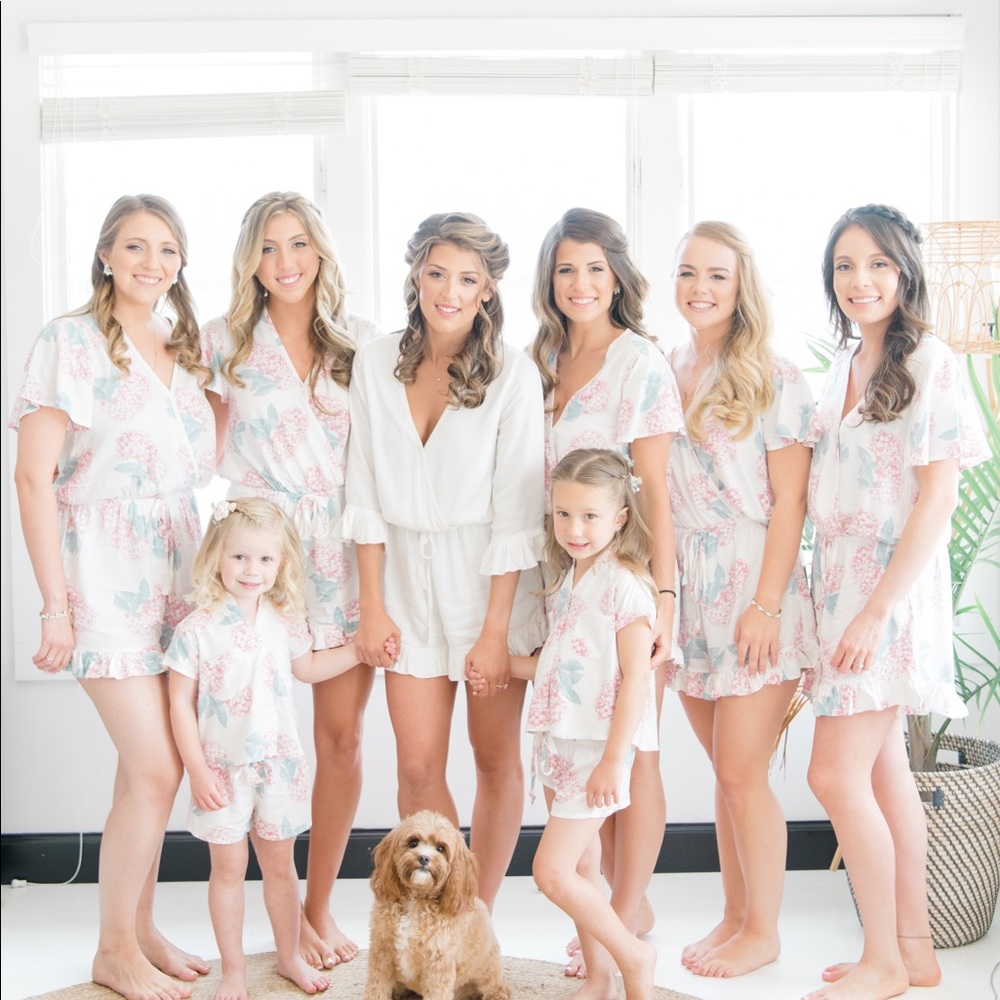 Wedding get ready pink hydrangea rompers